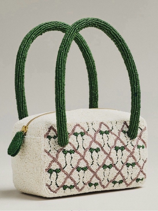 Anthropologie Handbags - Anthropologie Beaded Cream Tote with Green Handles and Pink Accent